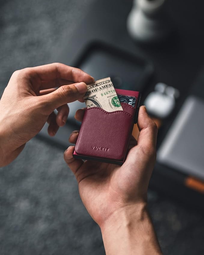 VULKIT Credit Card Holder Minimalist Slim Pop Up Wallet with Leather Slots RFID Blocking for Men and Women Holds 7 Cards and Notes Wine