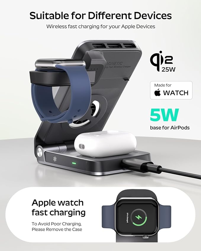 Doge&Vollar 3 in 1 Qi2.2 25W MagSafe Wireless Charging Station, Foldable Charger Stand for iPhone 17 16 Pro Max, Apple Watch & AirPods, Fast Low-Heat Desk Travel Charger with 45W Adapter, Aluminum