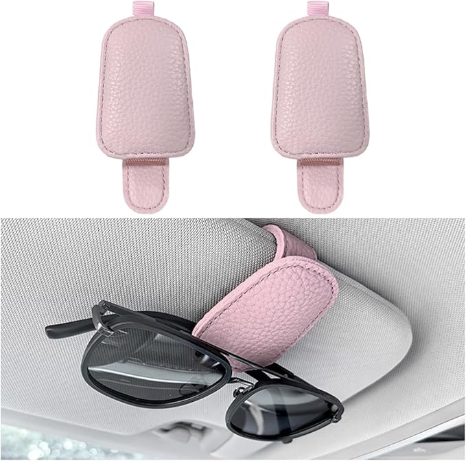 zipelo Sunglasses Holders for Car Sun Visor, 2PCS Magnetic Leather Vehicle Glasses Hanger Clip for Ticket Card, Auto Interior Eyeglass Organizer Accessories, Universal for SUV Sedan Truck (Pink)