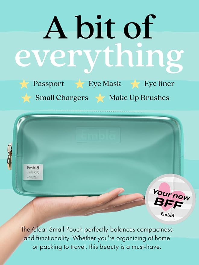 Embla Medium Clear Makeup Bag Travel for Toiletries Cute Make Up Nylon Organizer Pouches Quart Size Cosmetic Bags for Women Girls Zipper Toiletry Skincare Pouch Organizer for Purse Turquoise