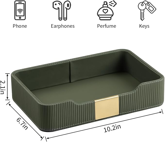 Valet Tray Desktop Storage Organizer, PU Leather Catchall Bedside Vanity Tray with Brass Accents Block Nightstand Organizer for Keys Watch Wallet Phone, Decorative Nightstand Storage (Green)