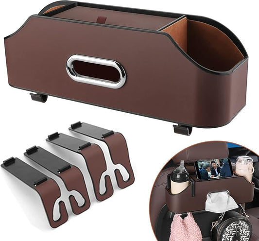 Car Seat Back Organizer - Stylish & Functional Storage for Family Adventures - Cup Holders, Tissue Box & Hooks - Perfect for Kids, Road Trips & Travel (Brown)