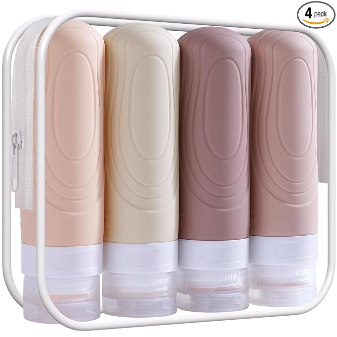 GLAMFIELDS TSA Approved Travel Bottles for Toiletries, 3oz Size Leak Proof Silicone Containers for Shampoo, Conditioner,Easy to Squeeze and Portable, Essentials for Traveling (4 Pack) Apricot