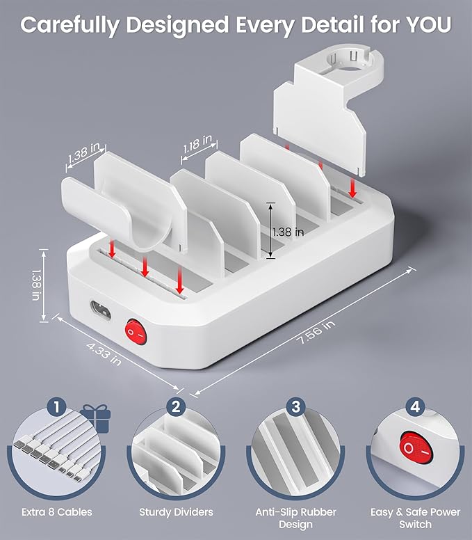 95W Fast Charging Station for Multiple Devices【UL & FCC Tested Safer Charging】 6-Port USB Charging Dock with 2 PD-Port, Compatible with iPhone/Android/MacBook/iPad/Tablet/Kindle(8 Cables Included)