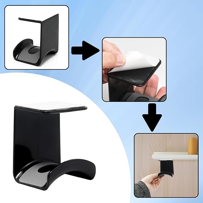 1Pcs Black ABS Plastic Headphone Stand Hanger, Hanging Headset Holder Hook Under Desk, Adhesive Earphones Hangers for Desk Headphone Hanger, Most Headphones and Controller