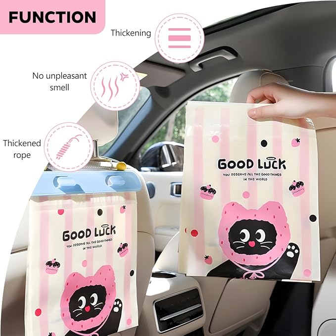 Zpana 60PCS Car Trash Hanging Bag, Disposable Leakproof Cute Cat Multipurpose Large Vehicle Garbage Bags with Lanyard Hooks, Automotive Interior Bin Pocket, Universal for SUV RV Truck