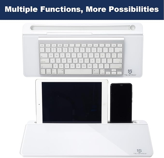 TSJ OFFICE Small Desktop Whiteboard -Glass Dry Erase Board Computer Keyboard Stand White Board Surface Pad with Drawer, Desk Organizers with Accessories for Office, Home, School Supplies - White
