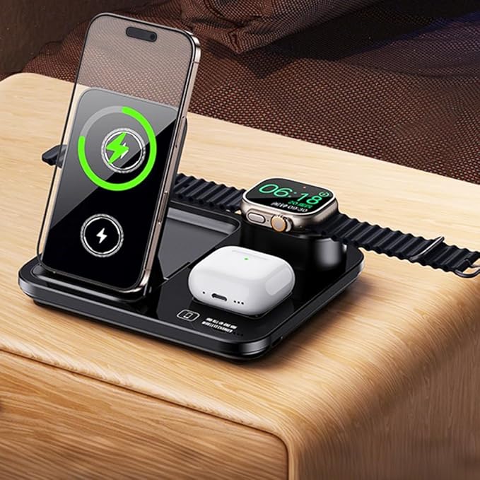 IHAO 3in1 Auto-Rising Wireless Charging Station 15W Fast Charge Ultra-Slim Foldable Design Wireless Charger for Phone Watch Earbud QC3.0 & PD Compatible