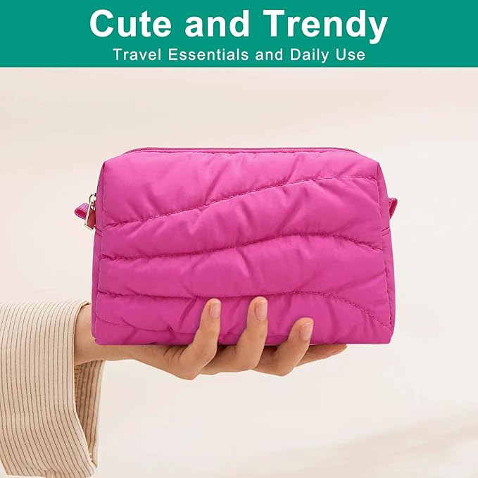 Travel Makeup Bag for Women, Small Cosmetic Bags Organizer Toiletry Bag, Nylon Pouch Travel Essentials Toiletries Accessories Brushes, Hot Pink