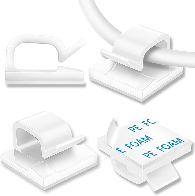 65 Pcs Cable Clips, Adhesive Cable Organizer Cord Holder Wire Clip Wire Management Self Adhesive Hooks Wire Holder for Office, Home(White, 65PCS-Large)
