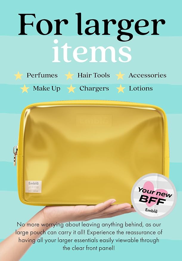 Embla Clear Large Makeup Bag Cute Big Make Up Nylon Pouches Travel Bathroom Bags for Toiletries XL Cosmetic Pouch for Women Girls Extra Large Zipper Toiletry Skincare Organizer Yellow