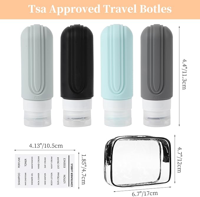 Travel Bottles Set for Toiletries, TSA Approved Travel Containers Leak Proof Silicone Squeezable Travel Accessories 2oz 3oz for Shampoo Conditioner Lotion Body Wash (Black)