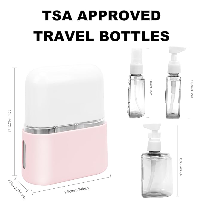 Skycase Travel Bottles - Leak Proof Refillable Tsa Approved Travel Size Toiletries, 3 in 1 Liquid Bottles Containers with Labels and Funnel Airplane Accessories Kits for Lotion Liquid (Pink)