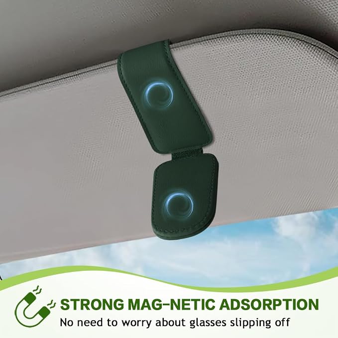 Sunglass Holder for Car, Sunglasses Clip for Car Visor, Magnetic Leather Vehicle Eyeglass Hanger Clip, Auto Ticket Card Glasses Organizer Clamp Accessories for SUV Sedan (Dark Green)