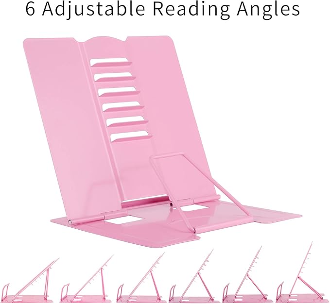 Blizzow Desk Book Stand Holder - Hands Free, Adjustable Metal Stand, Foldable Portable Bookstand - Cookbook, Recipe, Tablet, Music, Documents (Pink)