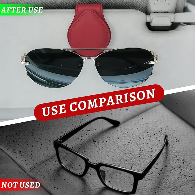 Sunglasses Holders for Car Visor, PU Leather Car Organizer, Magnetic Glasses Holder and Ticket Card Clip, Multi-Functional Auto Sun Visor Eyeglass Holder for Most Vehicles (Wine Red)