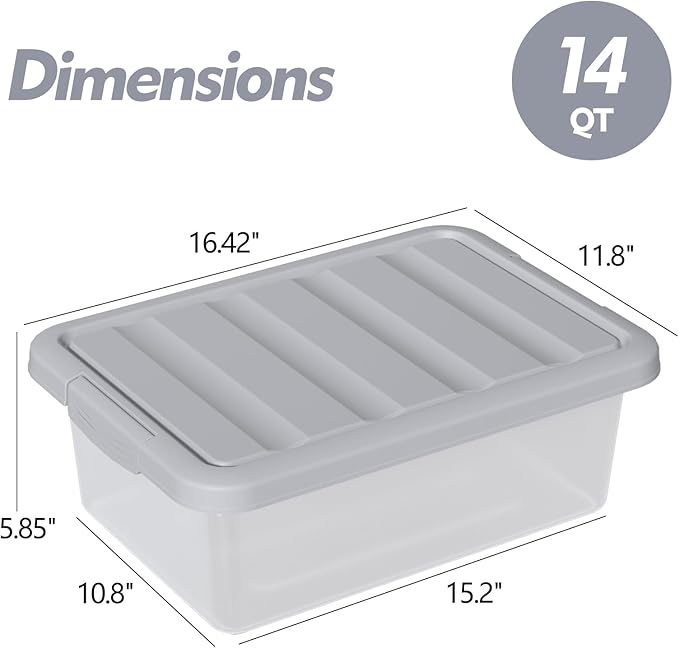 Clear Storage Bin with Lid, Plastic Stackable Container Organizer, Medium-14 Quart, Grey, 2 Pack