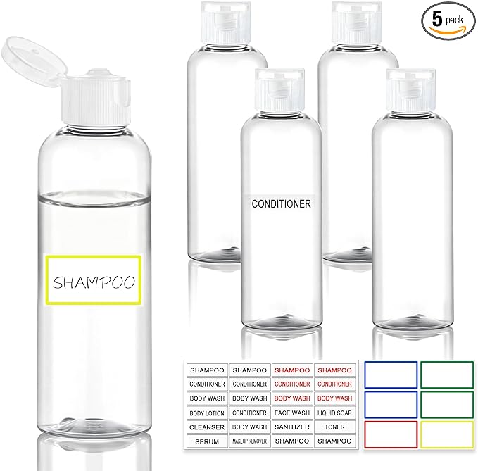 5 Pack 3.4 oz Travel Bottles for Toiletries, TSA Approved Leak Proof Refillable Travel Size Containers, Clear Plastic Shampoo Bottles for Lotion Conditioner