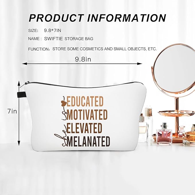 Educated Motivated Elevated Melanated Makeup Bag for Black Women – Inspirational Cosmetic Pouch for Travel, Graduation Gift, College Student, Empowerment Gift for Her