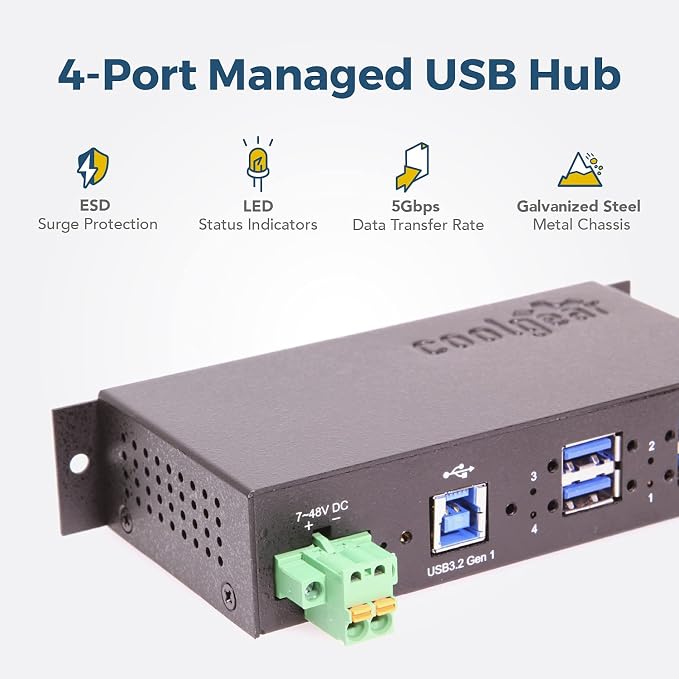 Coolgear 4 Port Managed USB 3.2 Gen 1 Hub with 15KV ESD Surge Protection and Individual Port Control for PCs