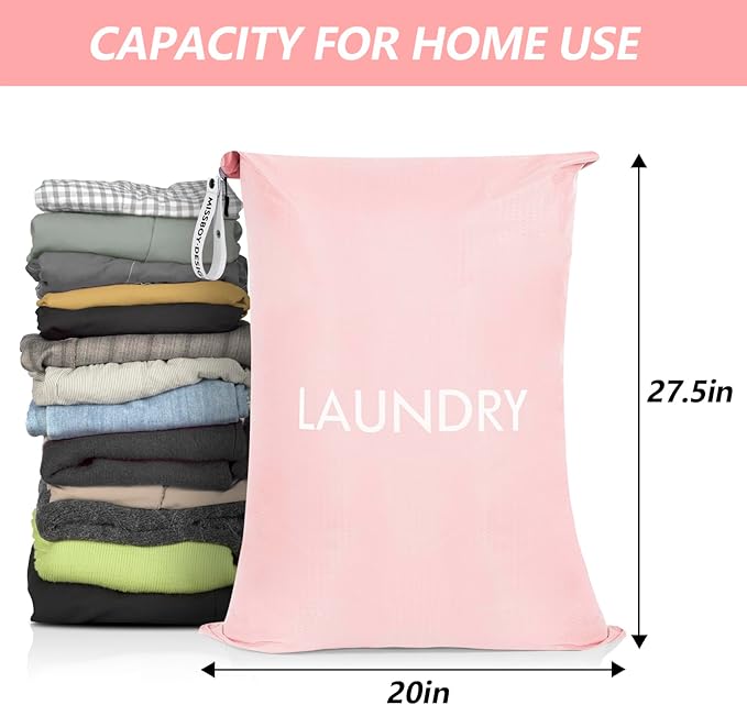 MissBoy 50L Travel Laundry Bag with Zipper, Heavy Duty & Odor-Proof Washable Nylon Sack for Dirty Clothes, Space-Saving Luggage Organizer & Dorm Room Essential for College Girls, Pink