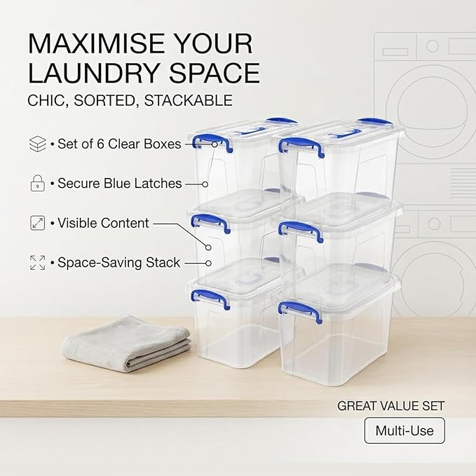 6-Pack Clear Plastic Storage Bin with Lids, Stackable Organizer Box with Latching Handle, 6.5L/7quart