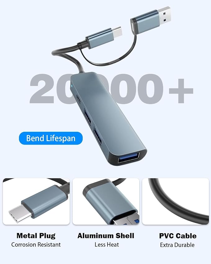 4-Port USB Hub with Type-C, USB 3.0 Data Hub Ultra-Slim Aluminum USB C Hub, 5Gbps Transfer Speed Multiple Ports Splitter for iPhone 17 16, Samsung, MacBook,PC,Laptop,iPad, Flash Drive,HDD