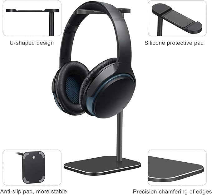 Headphone Stand Aluminum, Headset Holder with Solid Metal Base for Desk, Compatible with Most Headphones (Black)