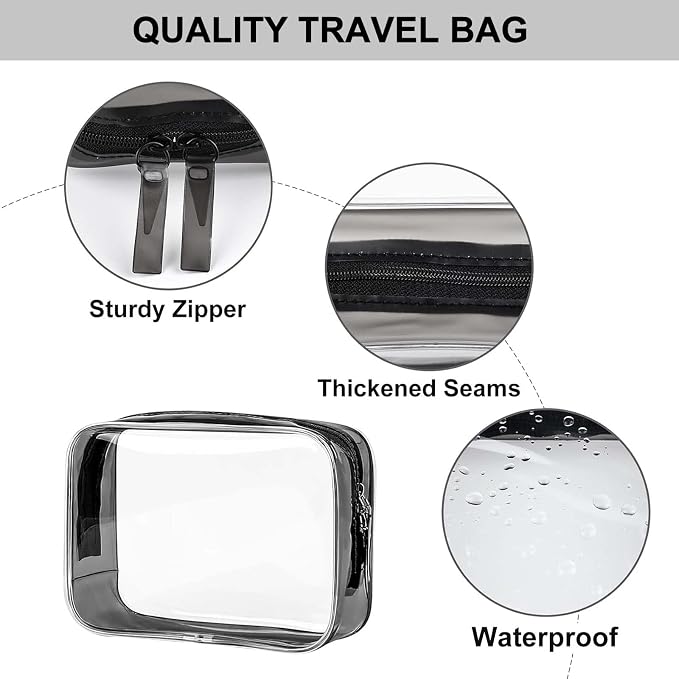 PLULON 6 Pack Clear Toiletry Bags, TSA Approved Clear Makeup Bag Quart Size Waterproof Travel Bag Pouches Portable Cosmetic Bag for Traveling Men Women - Black