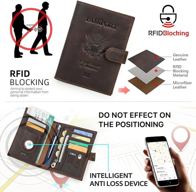 CONTACTS Full Grain Leather Passport Holder Compatible with Airtag RFID Blocking Passport Wallet for Men Travel Passport Cover with SIM Card Removal Tool (Bagde, Dark Brown)