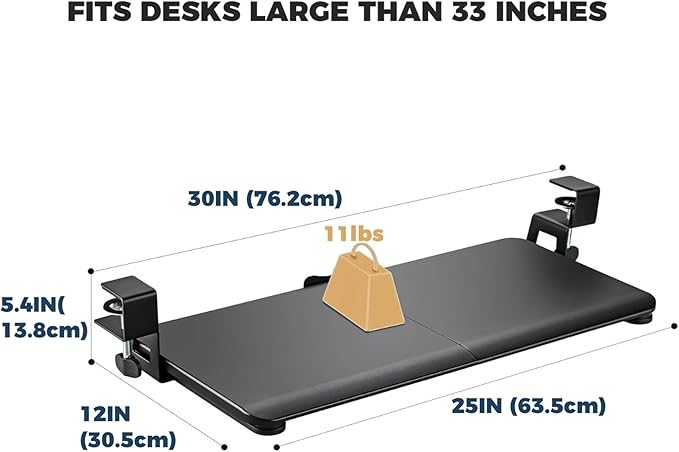 Keyboard Tray Under Desk, Slide Out Computer Keyboard & Mouse Tray with C Clamp-on Mount Easy to Install,30" W（Including Clamps） X 12" D Large Size,Black