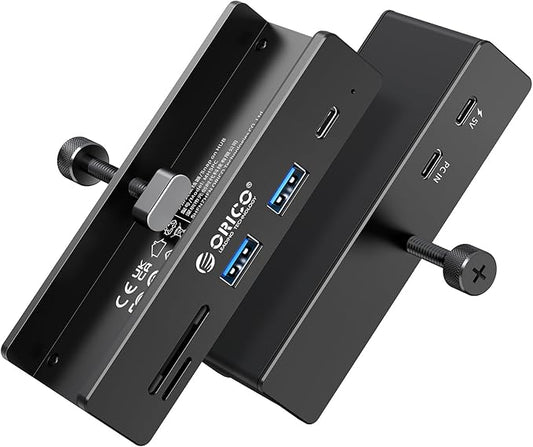 ORICO USB Hub 3.2, Clamp USB-Hub with Extra Power Supply Port, 10Gbps Aluminum 5-Port USB Extender with 2 USB-A 3.2 Ports, USB-C 3.2, SD/TF Card Reader 3.0, USB-3.2 Splitter for Monitor, Desk