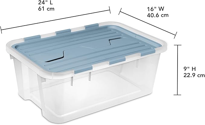 Sterilite 12 Pack Hinged Lid Storage Box, 40 Qt Plastic Container, Washed Blue - Home Organizer Tote for Storing Shoes, Crafts, Clothing, or Decor