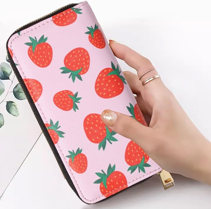Strawberry Wallets for Women Kawaii Large Capacity 2 Zipper Wallet Cute Ladies Purse Pink Credit Card Holder