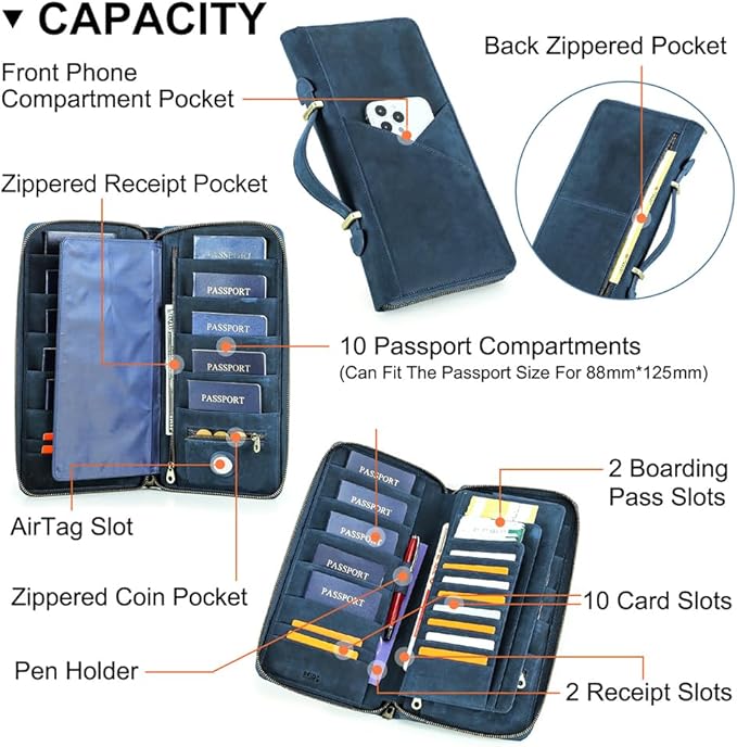 CONTACTS Family Passport Holder for 10 Full Grain Leather Passport Holder Compatible with Airtag for Family Travel Document Organizer Multiple Passport Wallet with Rfid Blocking (Blue)