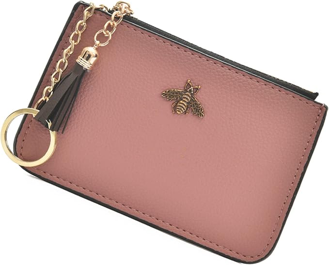 Coin Purse Change Wallet Pouch Leather Card Holder with Key Chain Tassel Zip(Pink)