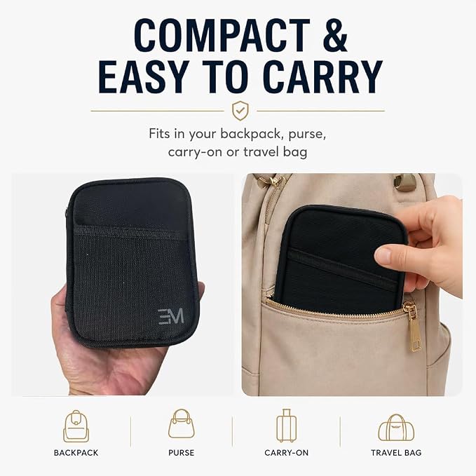 EM RFID Passport Holder with Zipper, Travel Wallet, AirTag Card Case, Black | Ideal for 1 passport, cards, cash, ID and boarding pass. Measures 4.7 L x 0.8 D x 6.1 H in with discreet AirTag card pocket