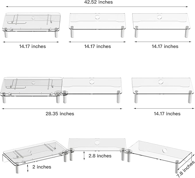 RQUOIRE Ergonomic Acrylic Dual Monitor Stand with Adjustable Laptop Riser, Compatible with Desktop, Printer, TV and More Devices,Monitor Riser Holder Suitable for 2 Monitors (Clear)
