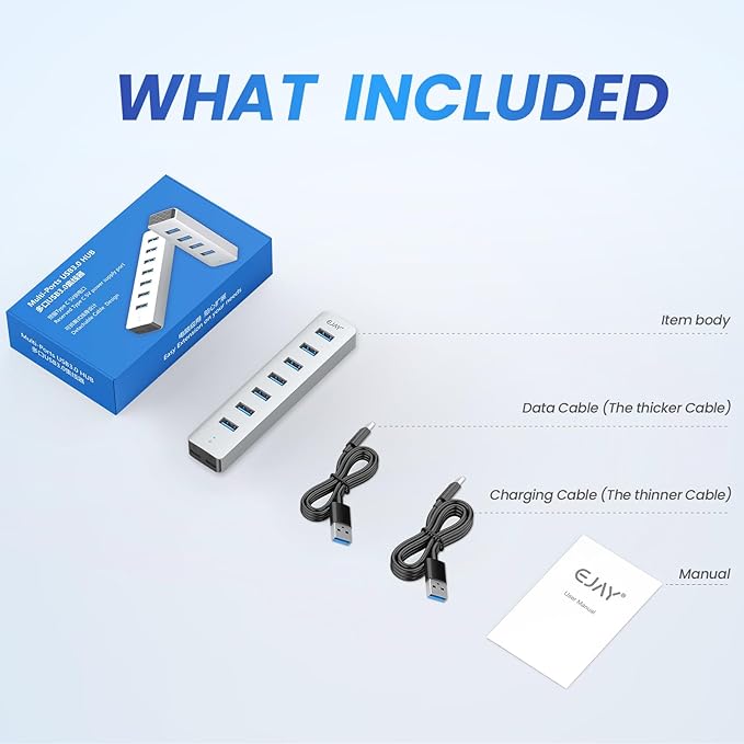 7 Ports USB Hub, Aluminum Multiport Desktop USB Adapter Powered USB Splitter for Laptop, Mobile Phones, PC, PS4 and Other USB Devices(3.3Ft Data Cable+3.3Ft Charging Cable)