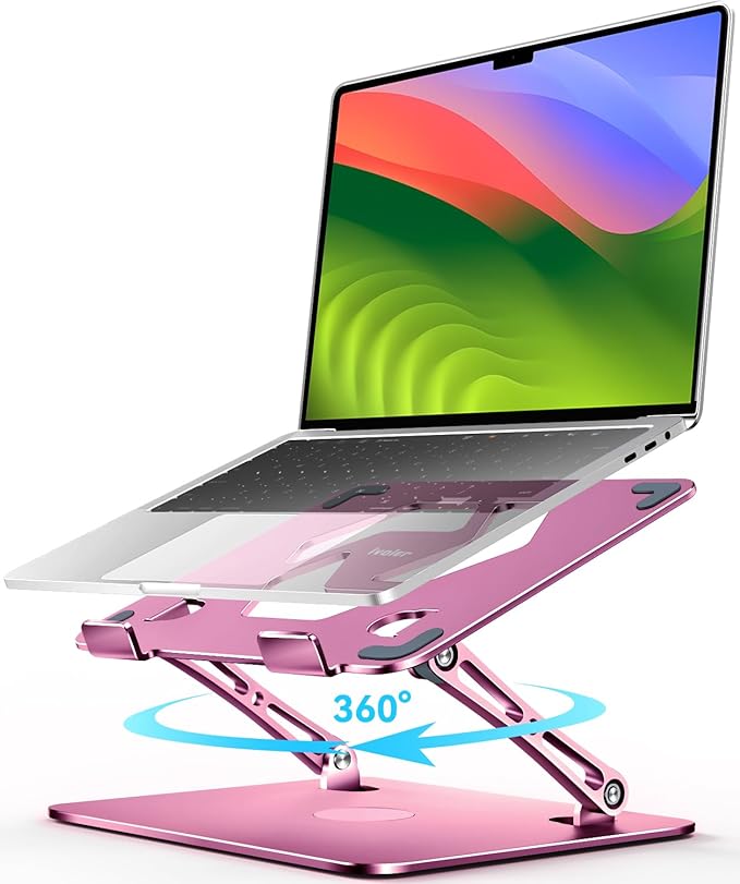 ivoler Adjustable Laptop Stand with 360° Rotating Base, Ergonomic Laptop Stand for Desk, Foldable & Portable Laptop Riser, Suitable for Collaborative Work, Fit MacBook Laptops up to 16 inches[Pink]