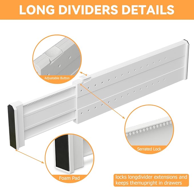 REBECAT 5 Pack Drawer Dividers for Clothes Adjustable Drawer Dividers 4" High Expandable from 15"-21" for Dresser Baby Clothes Bathroom,Bedroom Kitchen and Office Storage，White