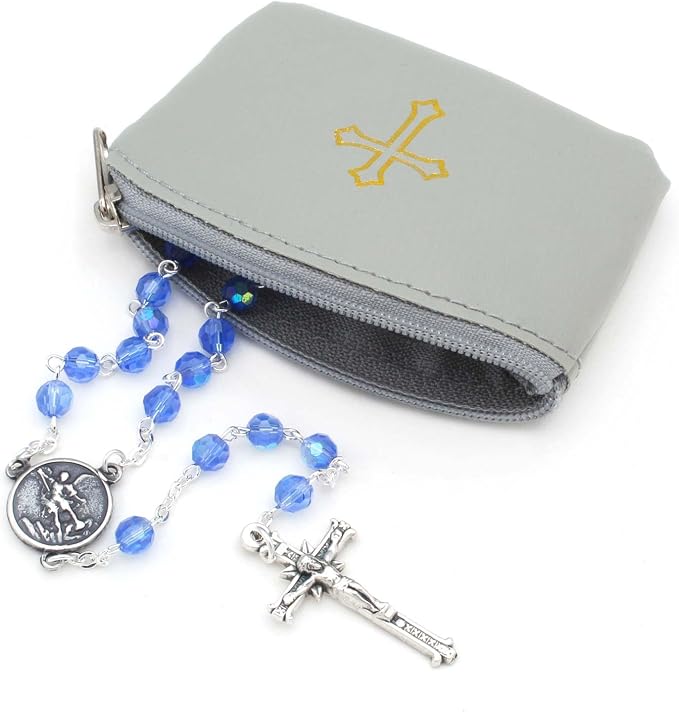 Gray Rosary Pouch with Zipper & Gold St. Thomas Cross Imprint | Compact Leatherette Rosary Case for Small to Medium Rosaries | Protective Travel Rosary Holder for Men & Women