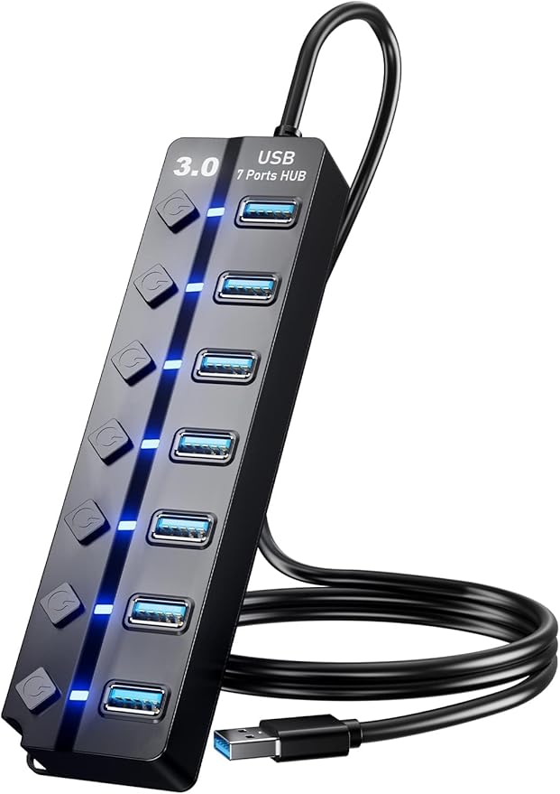 USB 3.0 Hub, 7-Port with Individual On/Off Switches & LED Indicators, 5Gbps High-Speed Data Hub for Laptop, PC, MacBook, Surface Pro, PS5, HDD, Flash Drive (4ft Cable)
