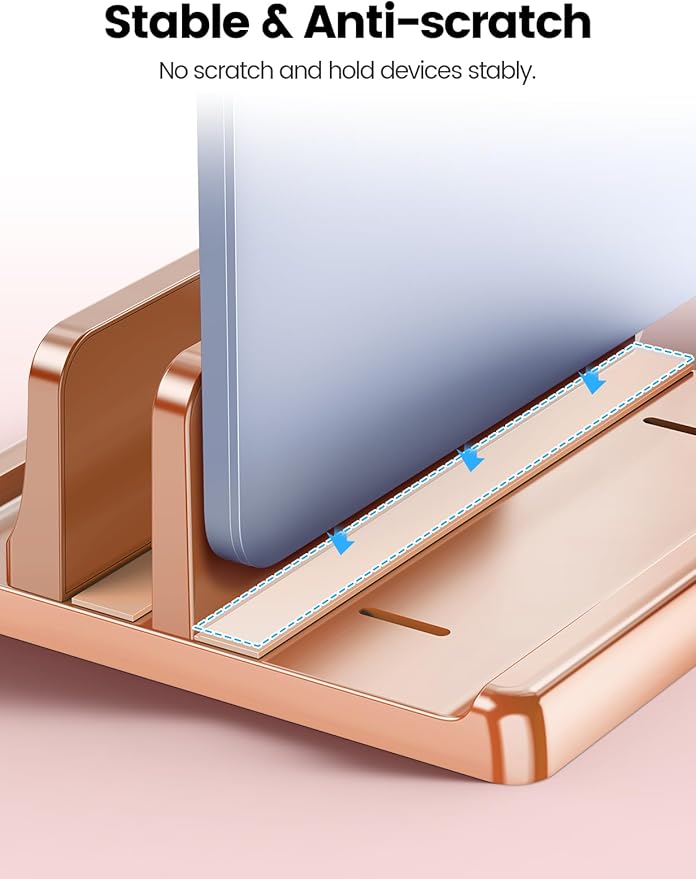 Vaydeer Vertical Laptop Stand for Desk, Dual Slots Plastic Laptop Holder with Space Saving 4-in-1 Design, Adjustable Laptop Stand Supports MacBook, Chromebook, Surface, Dell (Rose Gold)