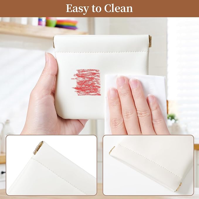 2 Pack Small Makeup Bag for Women, New Organosilicon Super Fiber PU Leather Mini Cosmetic Bag for Travel, Coin Purse Organizer Storage Pouch (Cream)