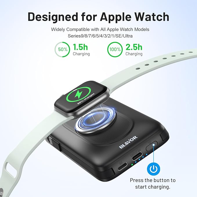 BLAVOR for Magsafe Portable Charger with Built-in Cables, 10000mAh Wireless Magnetic Power Bank with Stand, USB C 20W PD Fast Charging Travel Battery Pack for iPhone 17/16/15/14/13/12 and Apple Watch