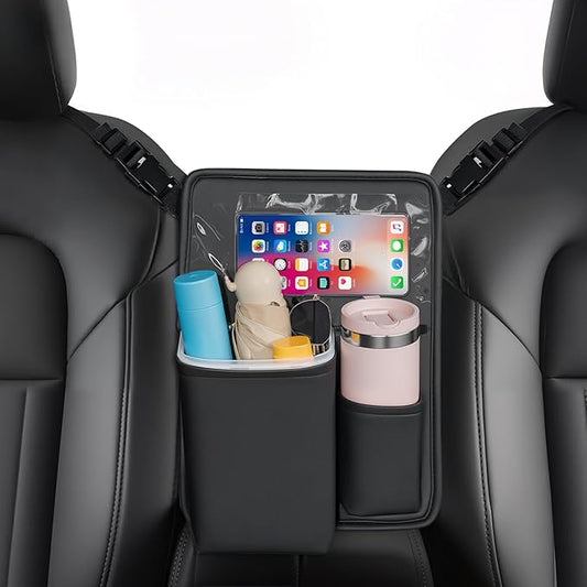FLORICH Car Organizer Storage Between Seats, Premium Leather Car Mesh Organizer with Waterproof Cup Holder, Car Hanging Storage Bag Pocket Between Seats