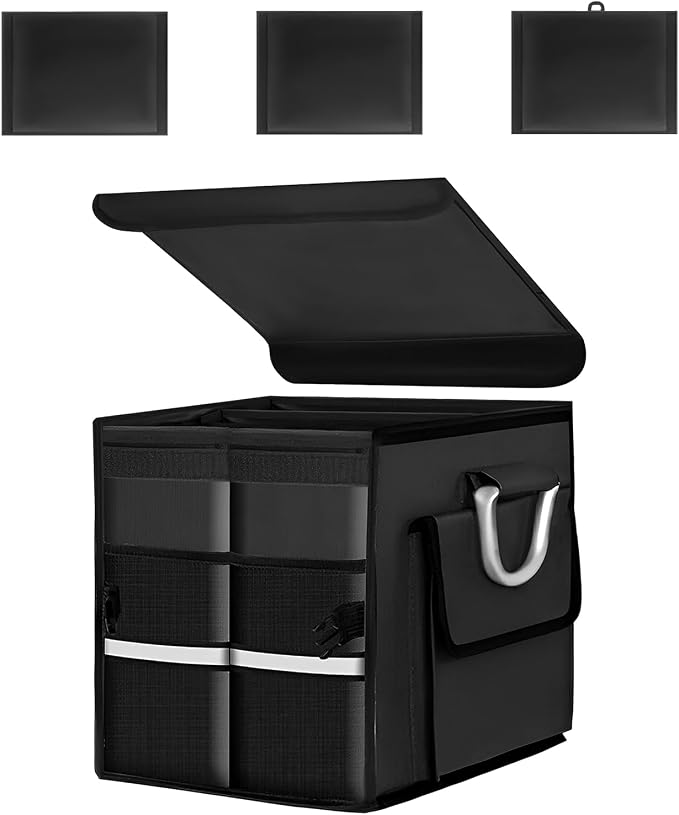 Car Trunk Organizer with Lid, 28L Waterproof Oxford Fabric Auto Trunk Cargo Storage Box w/Aluminium Alloy Handle, Collapsible 2-Compartment Storage Organizer for RV SUV Truck (Black)