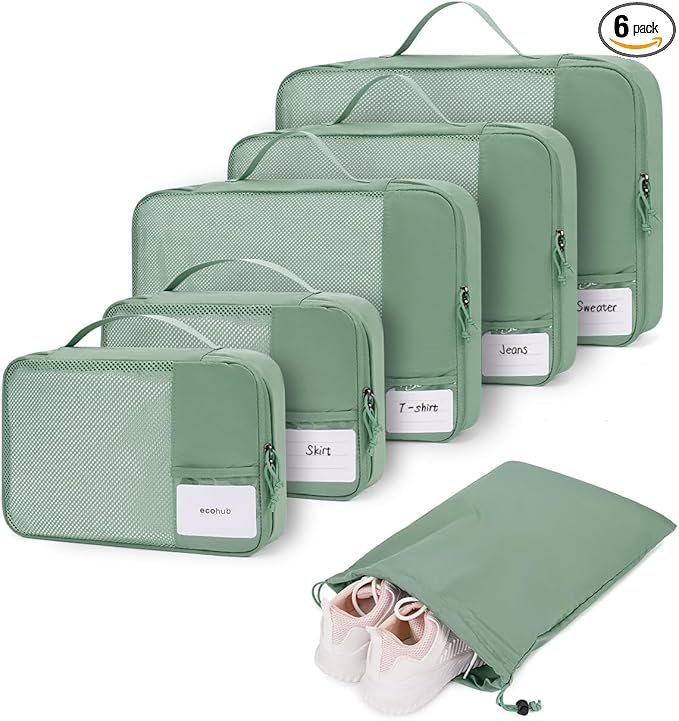 ECOHUB 6 Set Packing Cubes for Travel Durable Suitcase Organizer Bags Set with Personalized Tag Travel Essentials with Shoe Bag Traveling Accessories for Luggage Machine Washable, Green