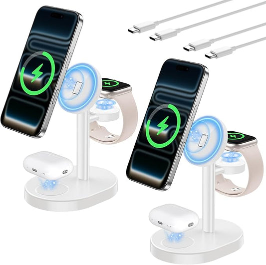 Hevanto 2026 3 in 1 Wireless Charging Station for Apple MagSafe Charger, 15W Fast Magnetic Mag-Safe Charger Stand for iPhone 17 16 15 14 13 12 Apple Watch AirPods, 2 Pack (Adaptor Not Included)